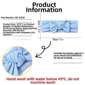 Detail specifications of baby bow headband with size 18x6cm and nylon blend fabric
