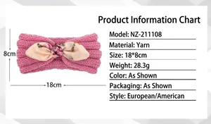 Detailed view of pink knitted baby headband with beige floral bunny ear bow and dimensions