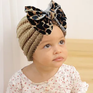Baby Knit Turban Hat With Large Leopard Print Bow Warm Soft Crochet Beanie Headwear For Newborn Infant Toddler Winter Elastic Cap
