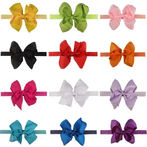 Set of 12 colorful grosgrain ribbon bow headbands with elastic nylon bands for babies