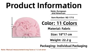 Pink baby turban hat with bow detail and size specifications in 18x17cm cloth material