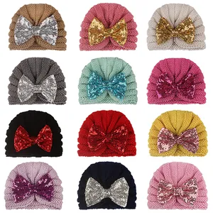 Baby turban hat set with sequins bow in various colors including pink, red and grey