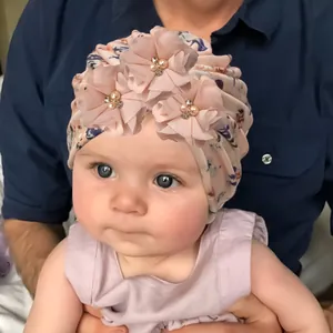 Baby Floral Baumwollmischung Turban Mütze Mit Chiffon Blumen Perle Strass Säugling Beanie Kappe Für Kleinkinder Mädchen