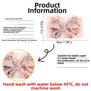 Détails du bandeau bébé à fleurs roses avec texture du tissu et dimensions indiquées