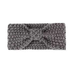 Dark grey knitted baby headband with central bow knot design for winter warmth