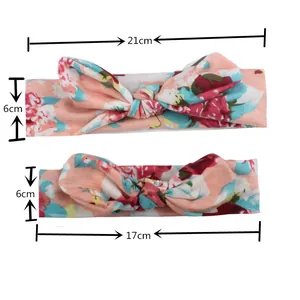 Size details of floral bow headbands for parent and baby in pink cotton fabric