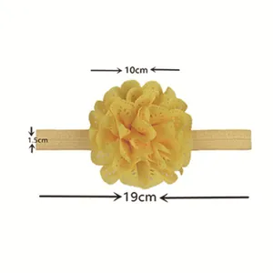 Détail du bandeau fleur en dentelle jaune avec dimensions largeur 1,5cm et fleur de 10cm