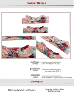 Dettaglio fascia per neonati a fiori con nodo e tabella delle prestazioni elastiche