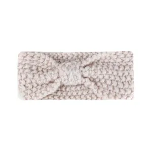 Bohemian style knitted baby headband with twist knot in light oatmeal color