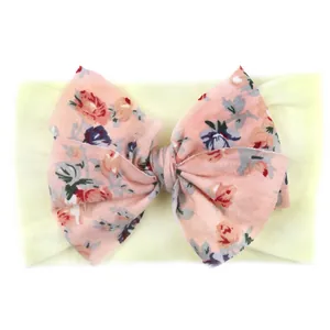 Bandeau bébé avec nœud à imprimé floral et bandeau en nylon jaune clair doux
