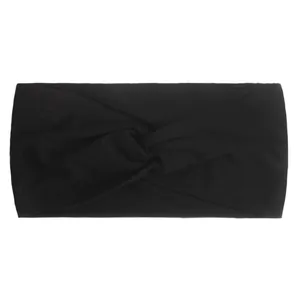 Detail of a soft black nylon head wrap featuring a central cross-knot design for children