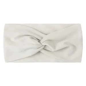 Detailed view of soft light grey knotted nylon hair band for babies and girls