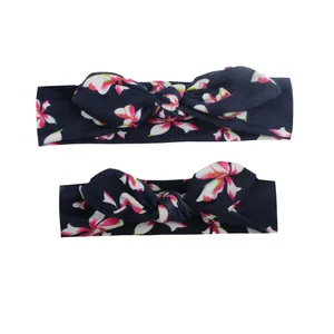 Floral knot rabbit ear headband set for baby and mom in navy blue stretchy cotton fabric