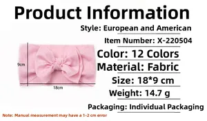 Detailed dimensions and specs of pink bow baby headband with soft ribbed knit texture
