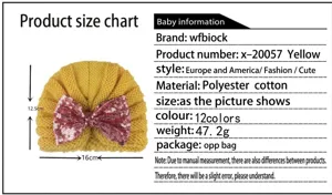 Detailed size chart for baby knit hat with pink sequin bow and 16x12.5cm dimensions