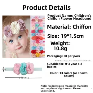Detailed infographic of infant chiffon flower headband with product specs and 13 colors