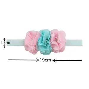 Detailed view of chiffon flowers on a 19cm baby elastic headband with beads and pearls