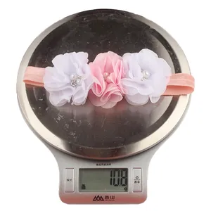 Lightweight baby headband weighing approximately 10.8g with three chiffon flowers and beads