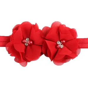Bandeau élastique pour bébé avec grandes fleurs rouges en mousseline, perles et strass