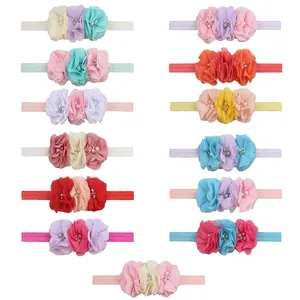 Baby Girl Chiffon Flower Elastic Headband With Faux Artificial Pearl Rhinestone Soft Stretchy Hair Band For Infants Toddlers Photography