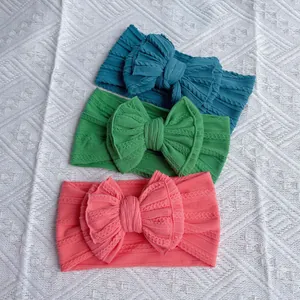 Three-piece baby nylon headband set with large knitted double layer cable knit bows