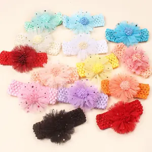 Lot de 12 bandeaux crochet pour bébé avec fleurs en résille et motifs étoiles dorées