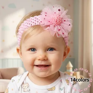 Bandeau Élastique Fleur en Maille pour Bébé Filles Paillettes Étoile Crochet Bandeau Cheveux Fleur en Tulle Doux pour Nouveau-né