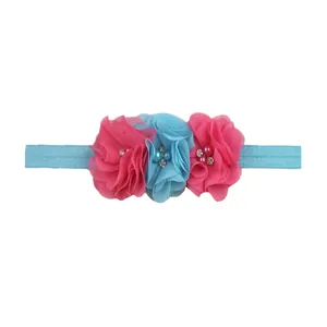 Detail of three chiffon flowers with pearls and rhinestones on an elastic baby headband