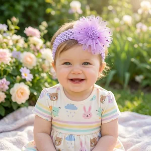 Détail du bandeau en dentelle violette pour bébé avec grande fleur en maille