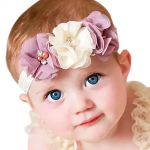 Elastic baby headband with three chiffon flowers, faux pearls and crystals on soft lace