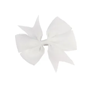 White grosgrain ribbon bow hair clip for babies with classic fishtail v-shape design