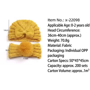 Winter baby knit hat set with bow and faux fur pom headband for infants 0-2 years