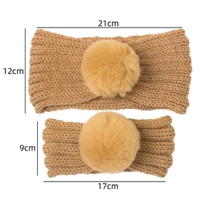 Detailed size chart for mother and baby knitted headbands with faux fur pom-poms