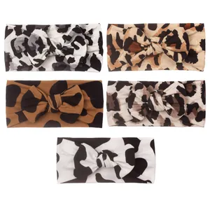 Five-pack set of baby leopard and cow print headbands with soft elastic big bow design