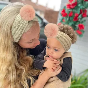 Parent Child Knitted Pom Pom Headband Mother Baby Winter Warm Turban Solid Color Crochet Hair Band Mom And Daughter Ear Warmer