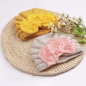 Knit baby turban hats set with large chiffon flower decorations for infants