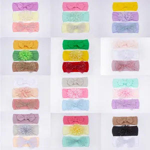 Lot de 3 bandeaux bébé en nylon avec nœuds en tissu et détails floraux multicolores