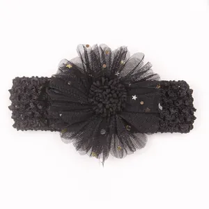 Bandeau élastique au crochet pour bébé avec grande fleur en résille noire et paillettes