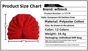 Detailed size chart for red knit baby donut turban showing 14cm by 16cm dimensions
