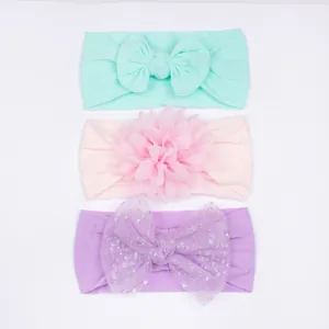 Bandeaux Bébé en Nylon Doux Avec Nœud en Tissu Fleur en Mousseline Nœud en Maille Bandeaux Élastiques pour Petites Filles