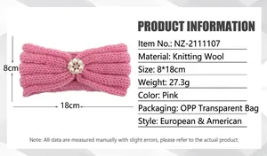 Pink knit baby headband detail with rhinestones, pearls and 8x18cm size measurement