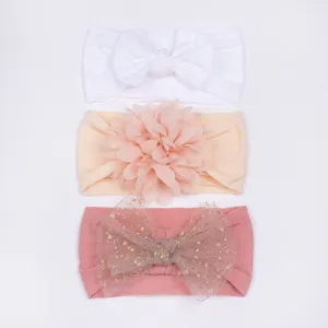 Lot de 3 bandeaux bébé avec nœud blanc, fleur beige et nœud en tulle rose étoilé
