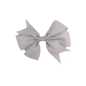Light grey grosgrain ribbon bow hair clip for babies with stylish V-shaped design