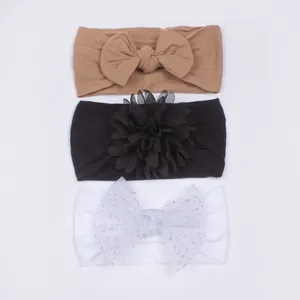 Lot de trois bandeaux pour bébé avec nœud kaki, fleur noire et nœud blanc à paillettes