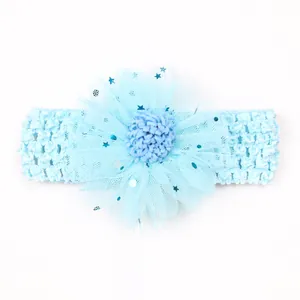 Bandeau bébé bleu clair avec fleur en maille creuse et paillettes étoiles
