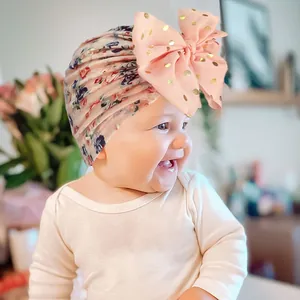 Baby Floral Print Turban Hat Large Bow Gold Polka Dots Soft Elastic Headwrap Newborn Infant Toddler Girl Accessories