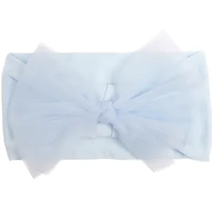 Light blue baby nylon headband featuring a large soft mesh bow for toddlers