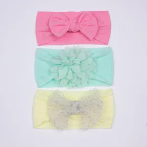Lot de 3 bandeaux bébé en nylon avec nœud rose, fleur verte et nœud en maille jaune