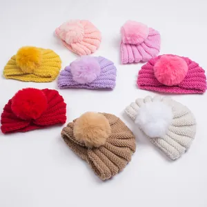 Bonnets turban en tricot pour bébé avec pompons en fausse fourrure en huit coloris