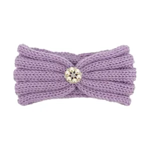 Detail of lavender knitted baby headband with a central pearl and rhinestone ornament